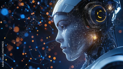 A futuristic robotic head with glowing elements, showcasing advanced technology and a blend of human-like features in a dark, digital environment.