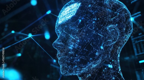 A digital representation of a human head composed of glowing blue lines and nodes, symbolizing artificial intelligence and advanced technology.