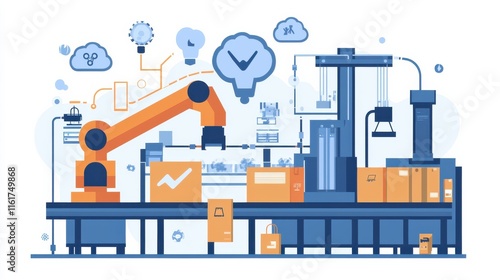 A modern industrial scene featuring robotic automation, packaging, and workflow elements, emphasizing efficiency and innovation in manufacturing.