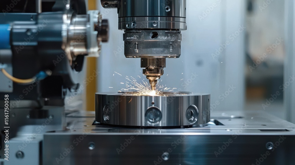 A high-precision CNC machine tool cuts metal, producing sparks, showcasing advanced manufacturing technology in action. A high-precision CNC machine tool cuts metal, producing sparks, showcasing advanced manufacturing technology in action.