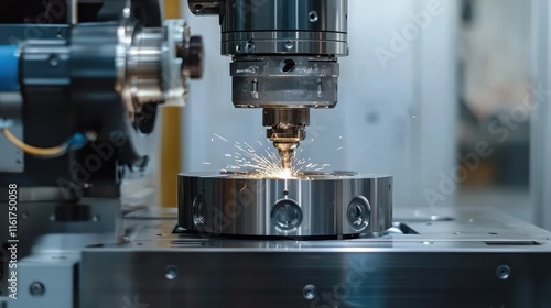 A high-precision CNC machine tool cuts metal, producing sparks, showcasing advanced manufacturing technology in action. photo