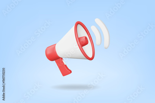 A vector rendering of a megaphone or handheld speaker icon, white and red, with a sound wave symbol on the side. on a light blue background Public relations, communication or announcement concepts