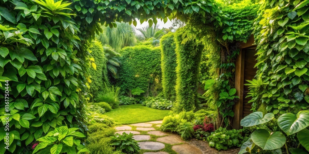 Naklejka premium Corners of a garden with lush green leaves and vines, leafy, outdoors, leafy, outdoors, plant, nature