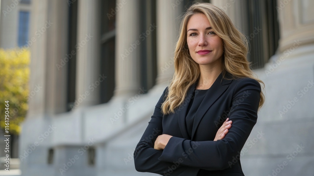 Fototapeta premium A confident female lawyer in a suit standing in front of a courthouse.