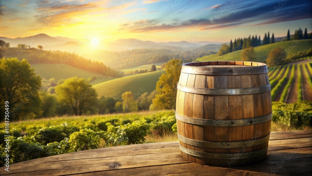 Fototapeta premium Old wooden barrel against a sunny background with trees and hills in the distance, farm, outdoor, farm, outdoor