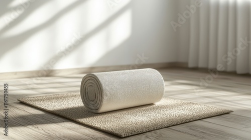 A neatly rolled yoga mat rests on a textured rug, illuminated by soft natural light streaming through a window.