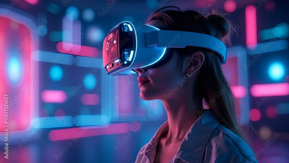 Woman in VR glasses playing AR augmented reality NFT game with neon blur lines Metaverse Presence technology, cyber world Woman in VR glasses playing AR augmented reality NFT game with neon blur lines Metaverse Presence technology, cyber world