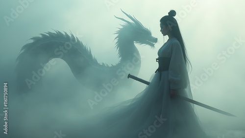 painting conceptual artwork featuring a female samurai, her form subtly disintegrating into the surrounding fog and smoke a mysterious Chinese dragon emerges from the shadows