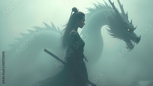 conceptual artwork featuring a female samurai, her form subtly disintegrating into the surrounding fog and smoke a mysterious Chinese dragon emerges from the shadows