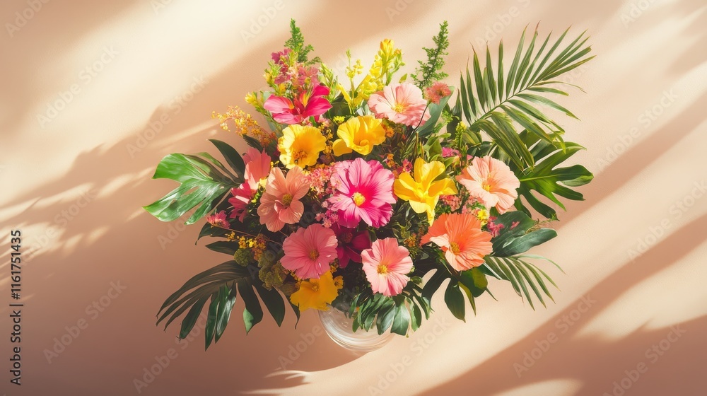 Obraz premium Pink yellow and green flowers in glass vase on taupe background
