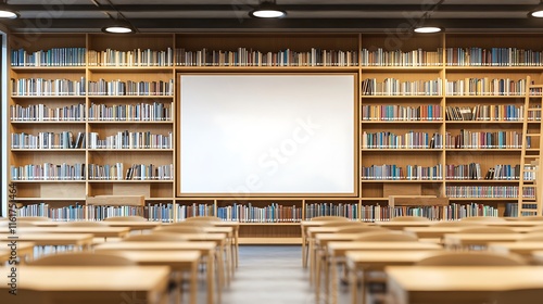 Empty modern library classroom with large blank whiteboard.