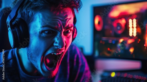 A gamer passionately reacting while wearing headphones, surrounded by a colorful, illuminated gaming setup.