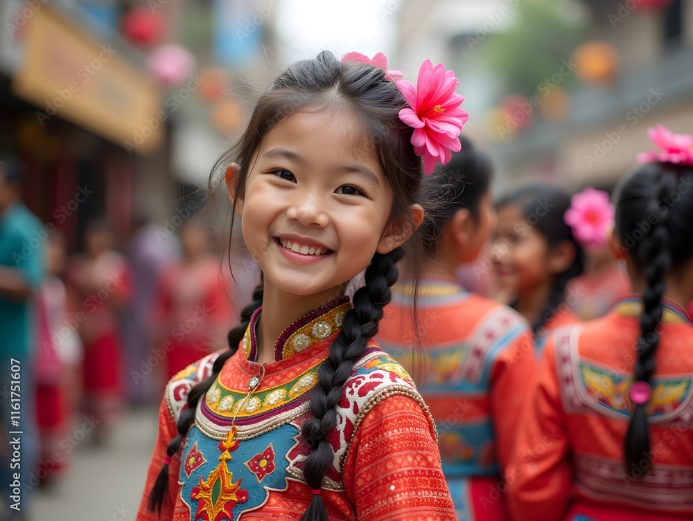 A young woman wears a colorful traditional outfit adorned with flowers, displaying joy at a cultural festival, surrounded A young woman wears a colorful traditional outfit adorned with flowers, displaying joy at a cultural festival, surrounded