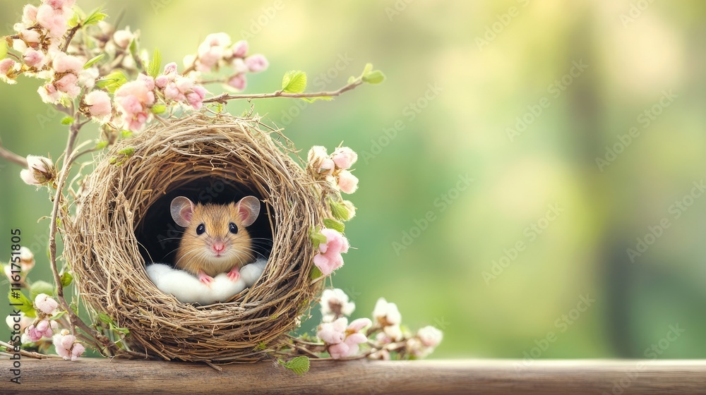 A cute hamster nestled in a nest surrounded by flowers in a serene natural setting. A cute hamster nestled in a nest surrounded by flowers in a serene natural setting.