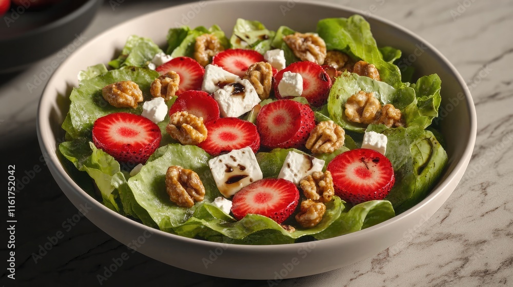 A fresh salad featuring greens, strawberries, walnuts, and feta cheese in a bowl. A fresh salad featuring greens, strawberries, walnuts, and feta cheese in a bowl.