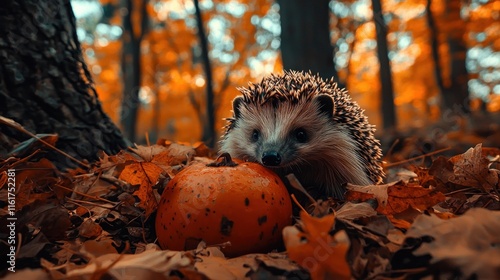 Hedgehog Autumn Forest Pumpkin Scene