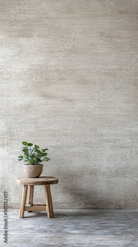 A potted plant sits on a small wooden stool against a textured wall photo