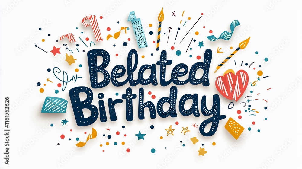 Belated Birthday hand-drawn lettering with colorful confetti and fireworks.
