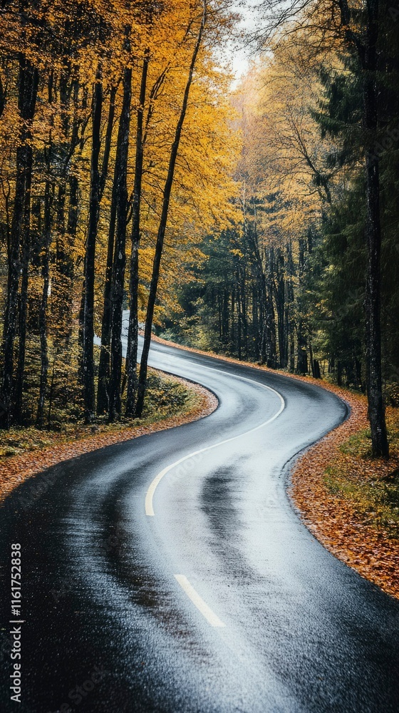 Fototapeta premium Winding Road Through Autumnal Forest Scenery