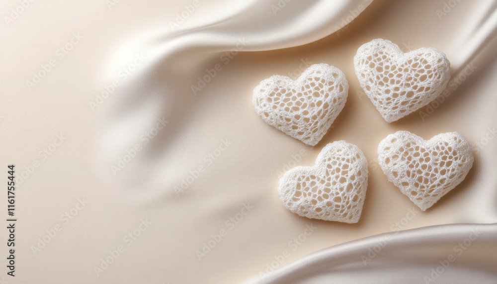 Fototapeta premium Delicate lace cookies in heart shapes on soft satin fabric.