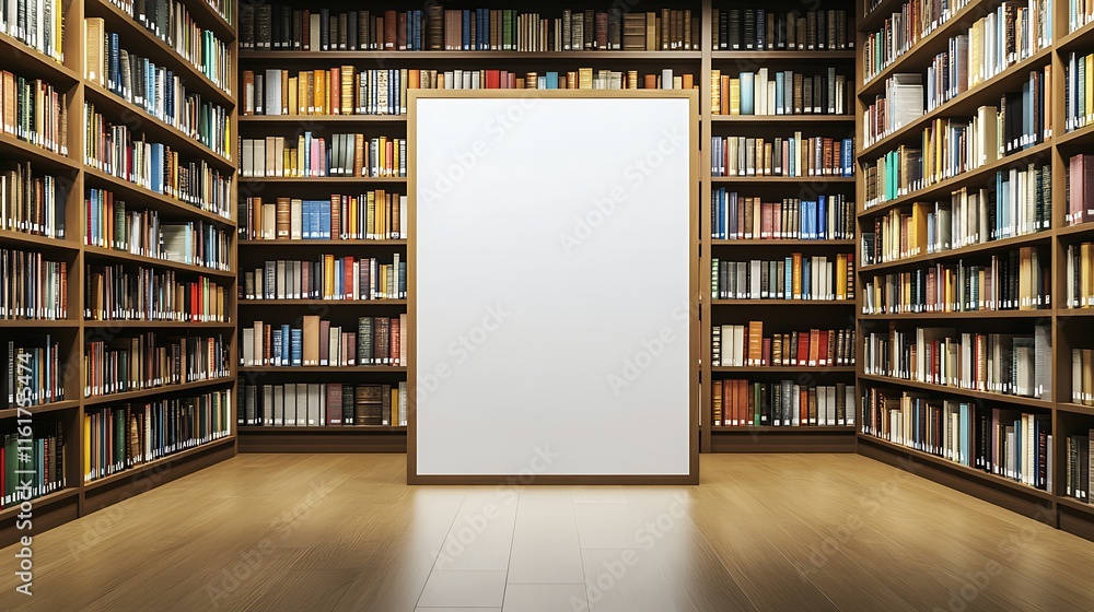Library with blank framed poster. Library with blank framed poster.