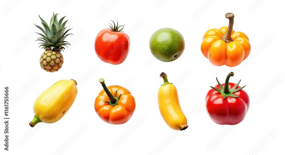 Colorful Collection of Fresh Fruits and Vegetables on White Background Colorful Collection of Fresh Fruits and Vegetables on White Background