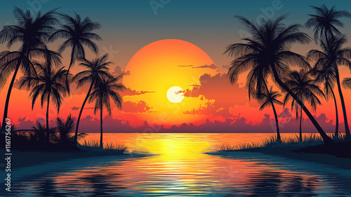 Coconut palm trees silhouetted against a colorful sunset, creating a vibrant tropical scene