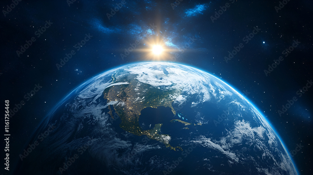 Obraz premium A stunning view of Earth from space, showcasing the planet's curvature, vibrant blue oceans, and glowing sun rising on the horizon.