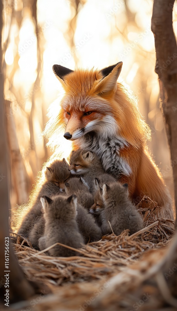Naklejka premium A fox with its kits nestled together in a warm, natural setting during golden hour.