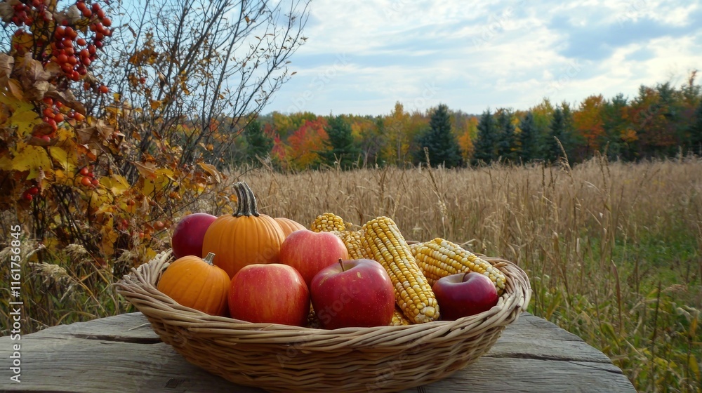 Autumn Harvest Basket With Apples Pumpkins And Corn Autumn Harvest Basket With Apples Pumpkins And Corn