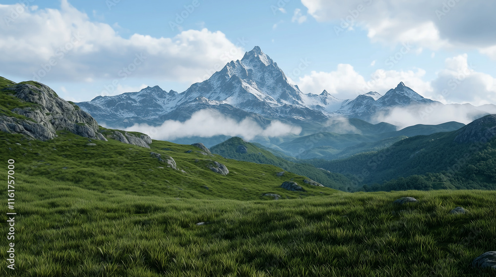 Clouds drift over a mountain range showcasing a grassy hillside Clouds drift over a mountain range showcasing a grassy hillside
