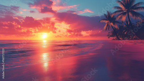 Stunning tropical sunset over the beach, with palm tree silhouettes creating the ideal vacation scene
