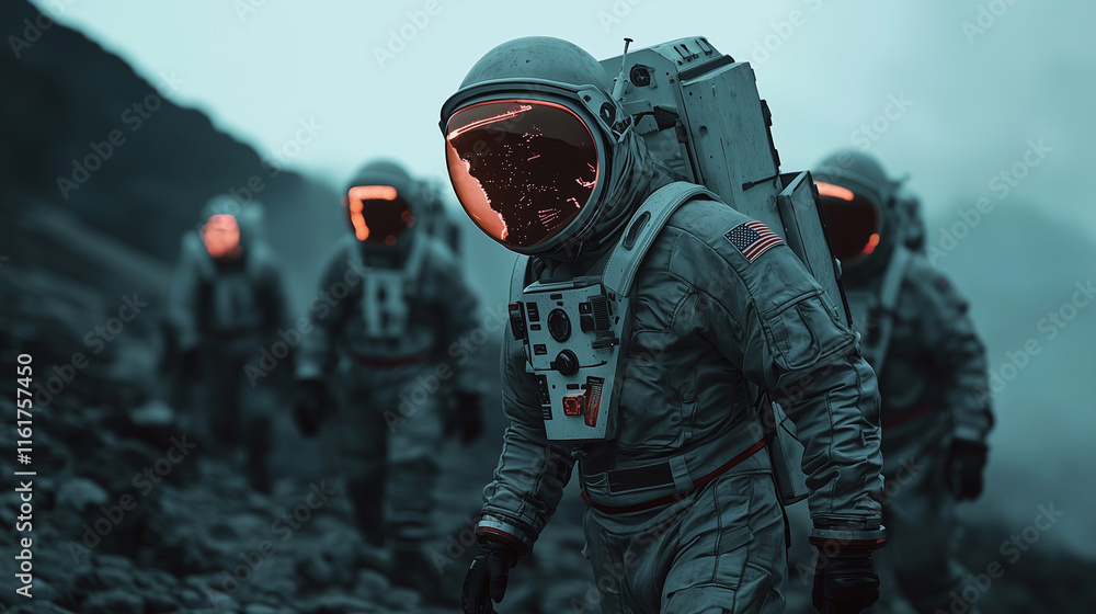 Team of astronauts exploring a red planet surface with alien city Team of astronauts exploring a red planet surface with alien city