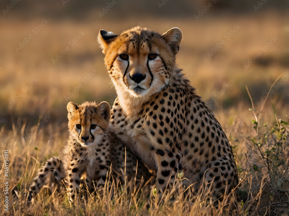 Naklejka premium Cheetah and Hunting Cubs: a cheetah mother sitting with her cubs.