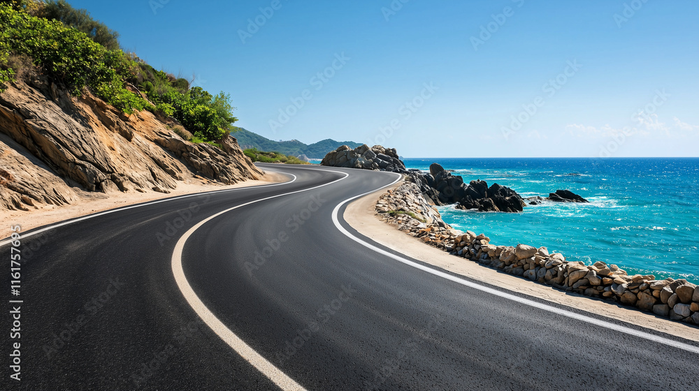 Winding asphalt road along the sea curving around a rocky mountain Winding asphalt road along the sea curving around a rocky mountain