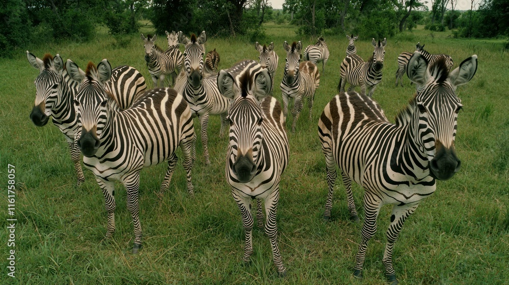 Fototapeta premium A herd of zebras standing in a grassy field, looking directly at the camera.