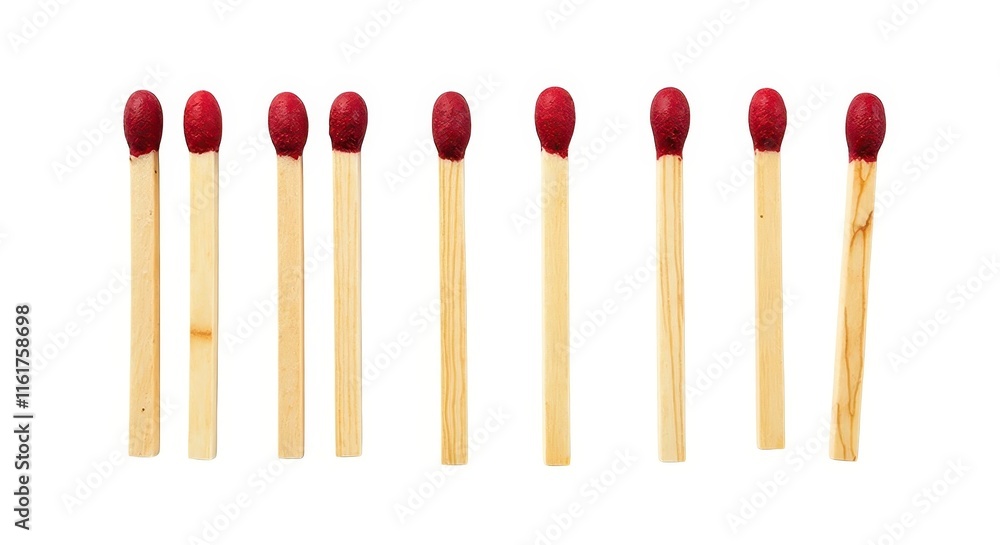 Set of Nine Red-Headed Matches on White Background - Perfect for Safety and Fire Concepts in Minimalist Style Set of Nine Red-Headed Matches on White Background - Perfect for Safety and Fire Concepts in Minimalist Style