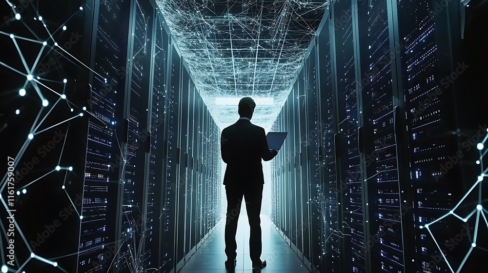 Obraz premium A silhouette of a person in a data center, surrounded by digital networks.