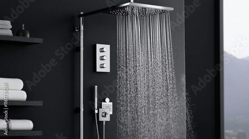 Modern showerhead with water cascading in a stylish bathroom setting.