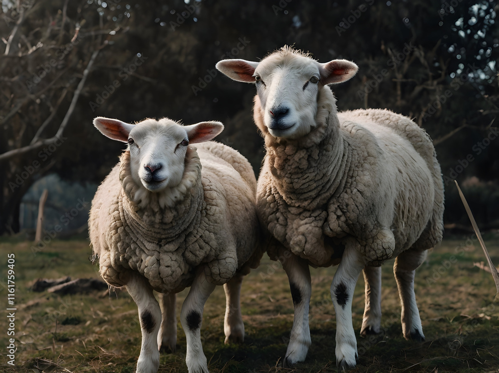 Sheep Protecting Lambs: a sheep standing with her lambs in the farm. Sheep Protecting Lambs: a sheep standing with her lambs in the farm.