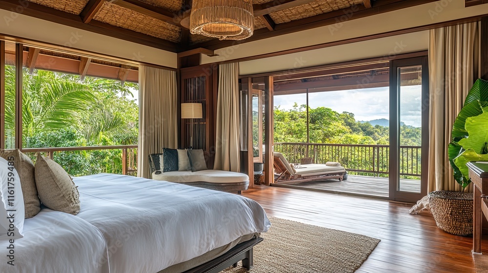 Fototapeta premium Luxurious bedroom with large windows offering stunning jungle views and private balcony.