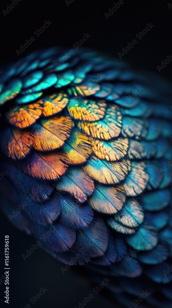 Obraz premium A close-up of iridescent feathers showcasing vibrant colors and intricate patterns.
