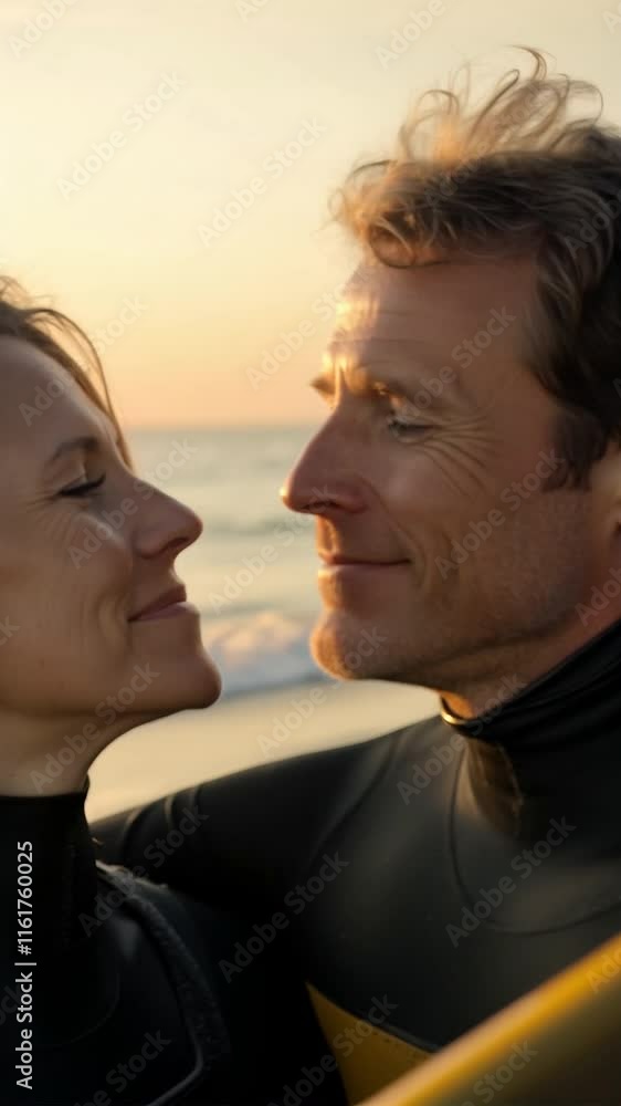 Active Senior Couple Smiling with Surfboard on the Beach, Celebrating Healthy Outdoor Adventures and Surfing Lifestyle. Vertical video made using Generative AI. Active Senior Couple Smiling with Surfboard on the Beach, Celebrating Healthy Outdoor Adventures and Surfing Lifestyle. Vertical video made using Generative AI.