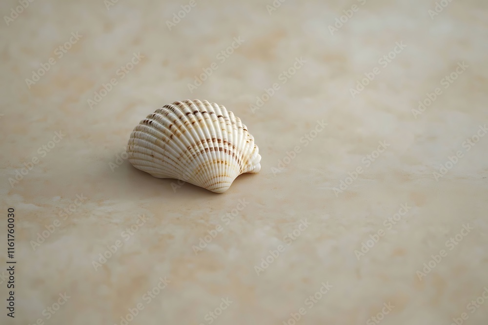 A small seashell lying on a smooth, untextured beige surface. A small seashell lying on a smooth, untextured beige surface.