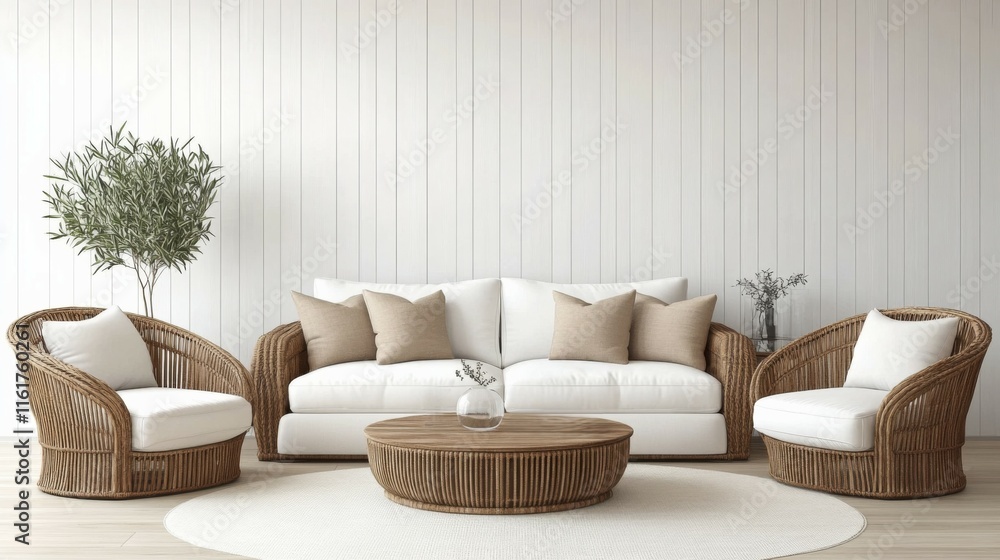 Farmhouse Living Room Interior with Wall Mockup as 3D Render for Adobe Stock_Title Farmhouse Living Room Interior with Wall Mockup as 3D Render for Adobe Stock_Title