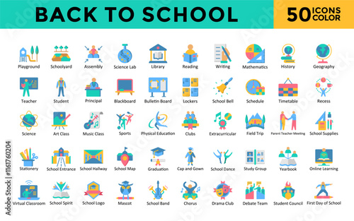Back to School icon set with playground, schoolyard, assembly, science lab, library, reading, writing, mathematics, history, geography, education icon. Simple flat color vector 
