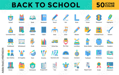 Back to School icon set with school, backpack, book, notebook, pencil, pen, ruler, eraser, sharpener, highlighter icon. Simple flat color vector 
