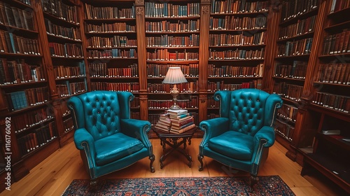 Two teal armchairs face a table with books in a circular library. photo