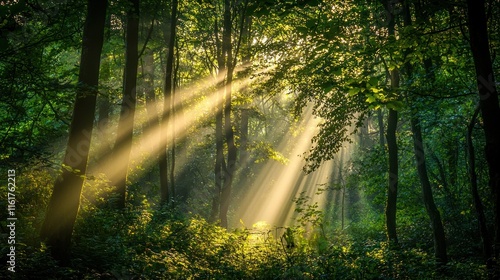 A dense forest with sunlight streaming through the trees, creating a magical and awe-inspiring natural wonder.