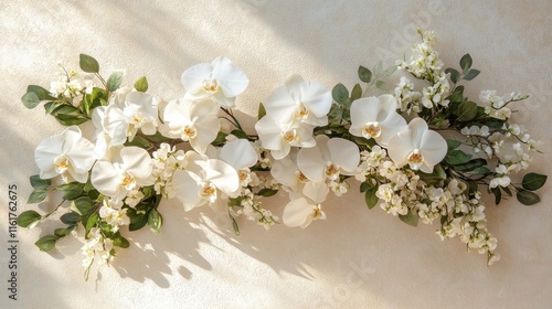 White orchids and greenery on taupe surface with warm sunlight